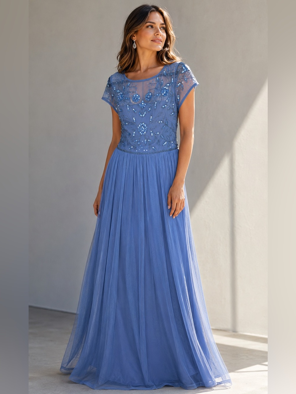 NWT Adrianna Papell Elegant French Dusty Blue Beaded Embellished Maxi Gown 8
